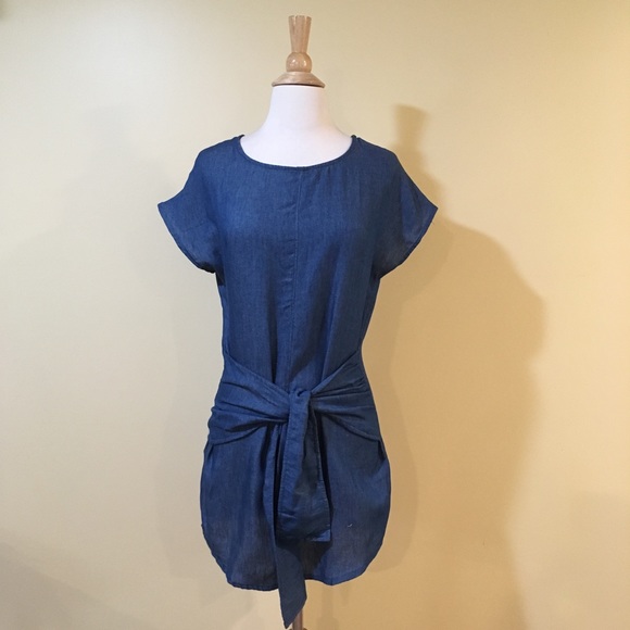 Chambray Tie Front Shirttail Hem Tunic Mini Dress - Picture 5 of 7